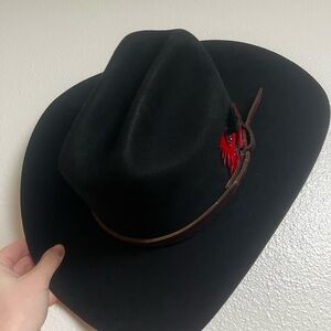 Men's Black Felt Western Hat with Brown Band and Red Feather